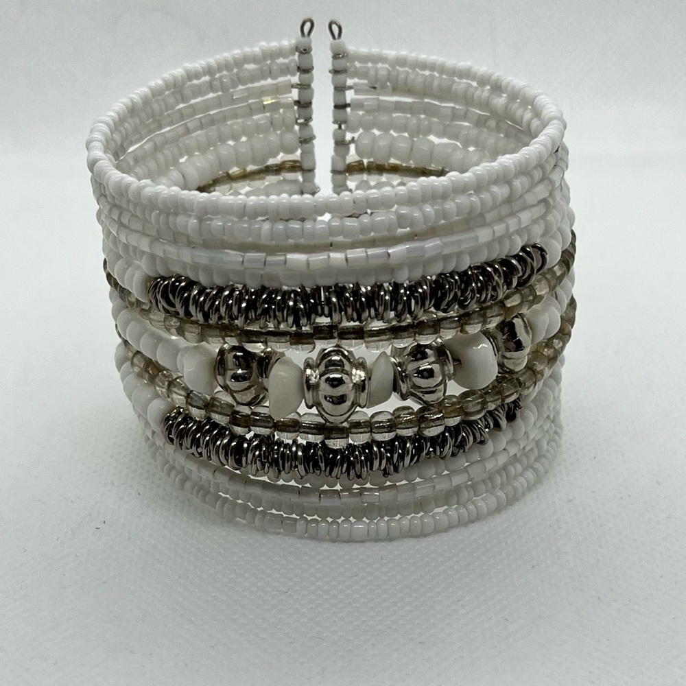 White and silver beaded, wired bracelet
